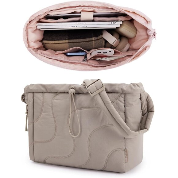 Camel Small Puffer Tote Bag for Women Lightweight Adjustable Strap Travel Work - Picture 1 of 7